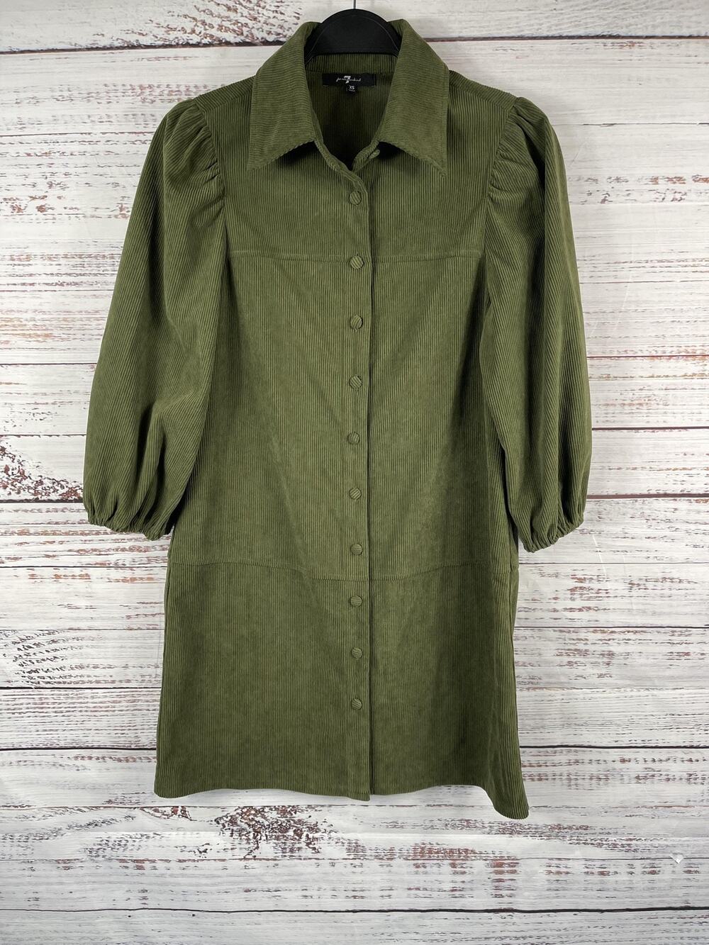 7 For All Mankind Shirt Dress Women's XS Green Corduroy Button Front Puff Sleeve